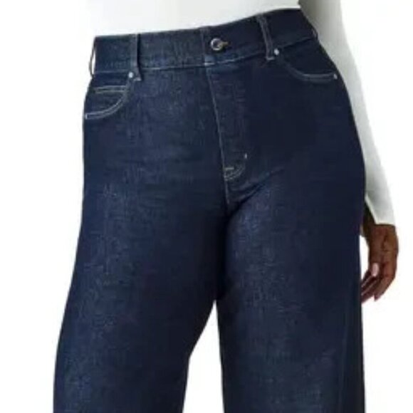 Spanx Wide Leg Pull On Women Jeans Size 1X Tall Blue Distressed Cotton - Picture 3 of 15